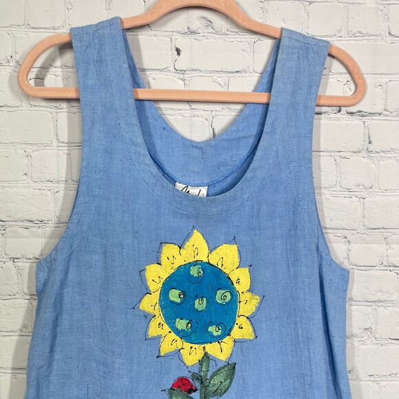 Mishi Maxi Linen Dress Women Small Chambray Hand Painted Artsy Pockets Boho - Picture 4 of 14